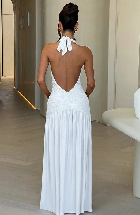 Halter Deep V Neck Backless Maxi Dress For Women Fashion Solid Sleeveless Thigh High Split Sexy Long Dress Elegant