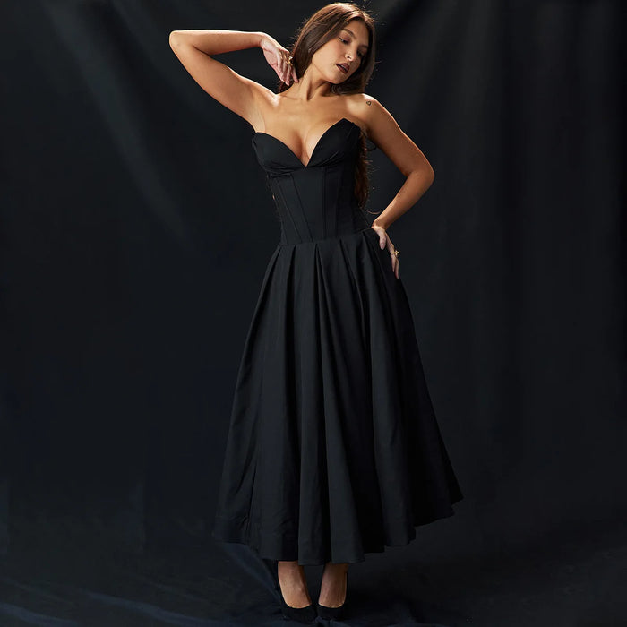 Suninheart Black Elegant Wedding Events Dress Sexy Strapless Corset Dress Midi Christmas Party Dresses for Women