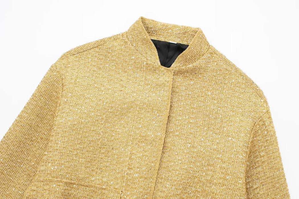 Women Fashion Shiny Sequin Jacket Gold Color Stand Collar Long Sleeve Short Coat Fall Winter Ladies Christmas Outwear
