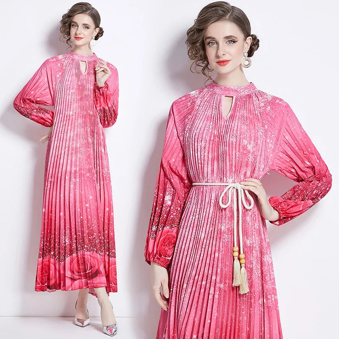Spring Print Long Dress For Women Fashion Loose Lantern Sleeve Party Female Big Swing Tassels Belt Pleated