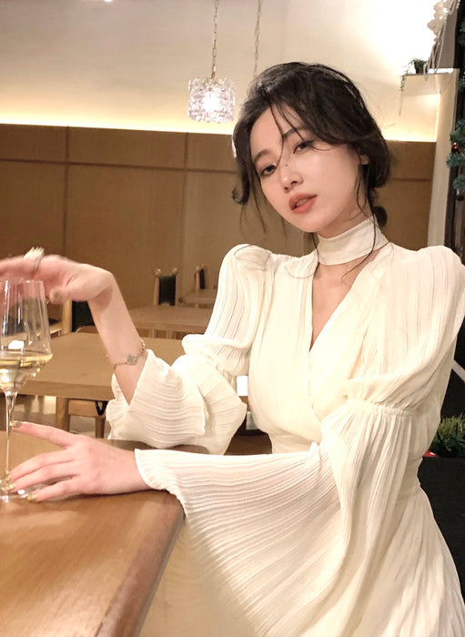 Womens French Elegant Ruffle Irregular Long Dress Pleated Party Evening