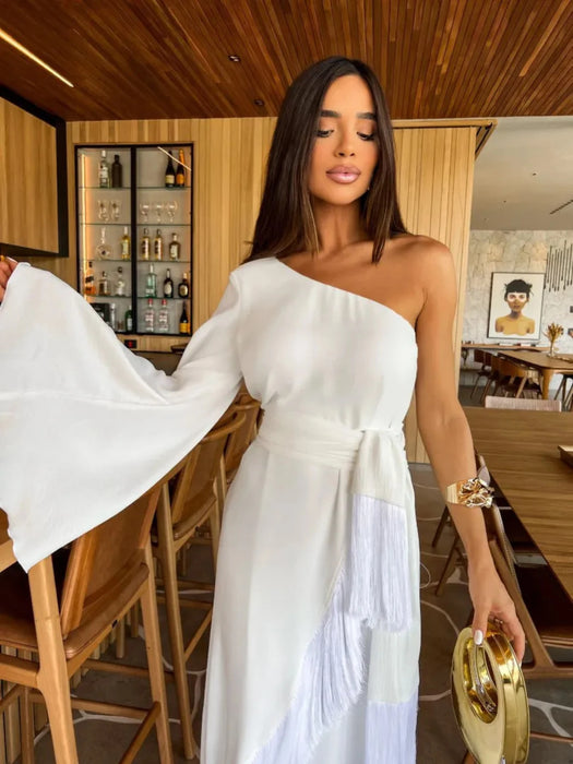 Solid Women's One-Shoulder Sexy Lady Long Skirt Slit Ruffled Tassel Swing Evening Dress