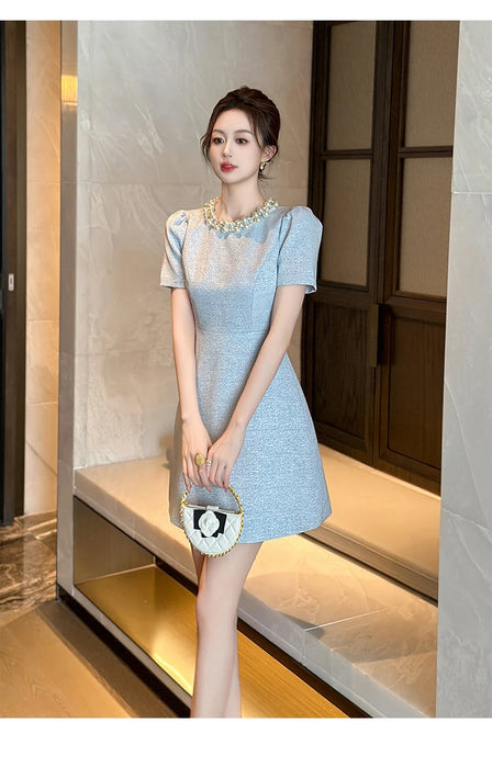 Holiday Party Short Sleeve Evening Dress Women Clothes Elegant Luxury Pearl O-Neck Slim A-Line Short Birthday Party
