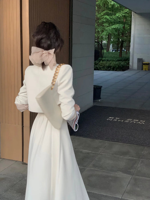 Two Piece Fall Solid Color Dress Woman Ladies Elegant Dress Women White Party Wedding