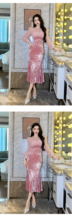 Christmass Party Elegant Luxury Mermaid Dress Women Clothes Chic Casual Sweet Puff Sleeve Skinny Midi Party Birthday Holiday