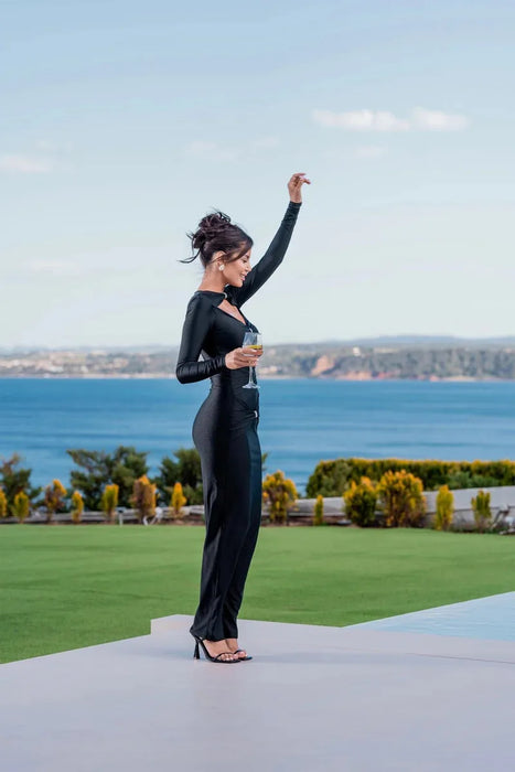 Holiday Party Elegant Hollow Out Long Sleeve Sexy Maxi Dress For Women Solid Color Slim Fit Cut Out Club Party Long Dress New