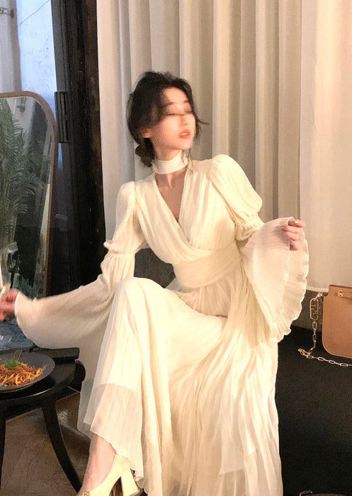 Womens French Elegant Ruffle Irregular Long Dress Pleated Party Evening