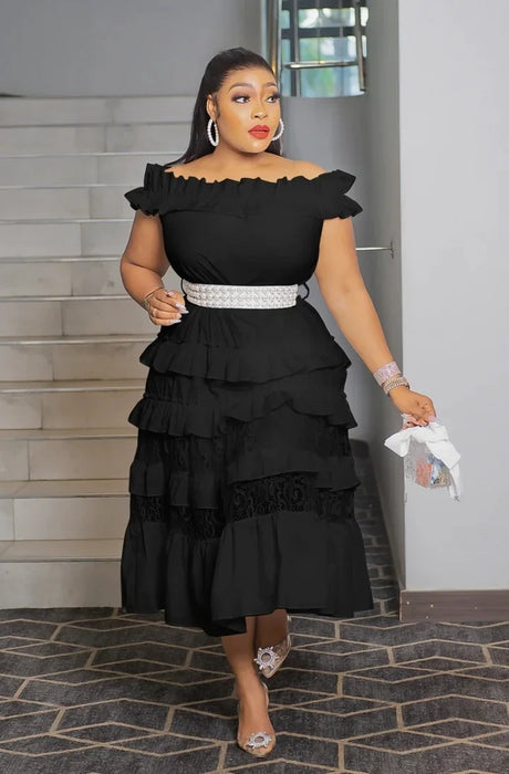 Women Lace Patchwork Short Sleeve Slash Neck Maxi Long Dress Ruffles