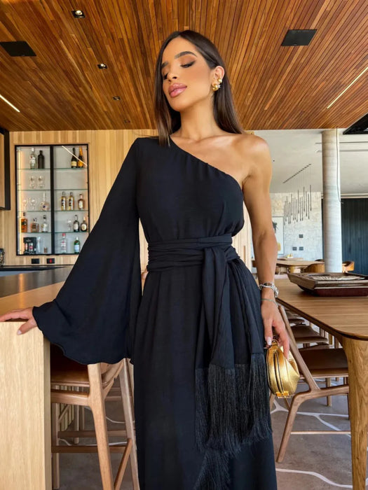 Solid Women's One-Shoulder Sexy Lady Long Skirt Slit Ruffled Tassel Swing Evening Dress