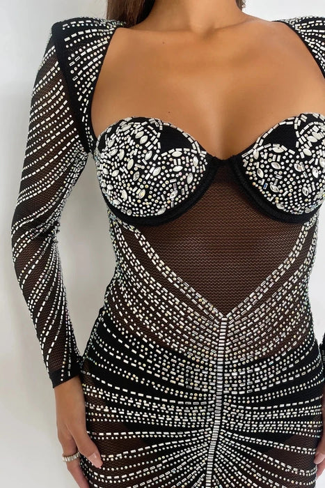 Holiday Party Glitter Mesh See Through Party Maxi Dress For Women Fashion Full Sleeve Bodycon Sexy Club Long Evening Dress