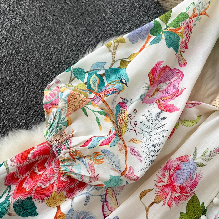 Elegant Linen Floral Holiday Robe Dress Women Spring Summer Stand Long Lantern Sleeve
