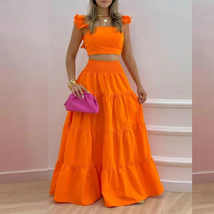 Women Two Pieces Beachwear Elegant Ruffles Sleeve Beach Dresses Leaf Print White Long Dress High Waist