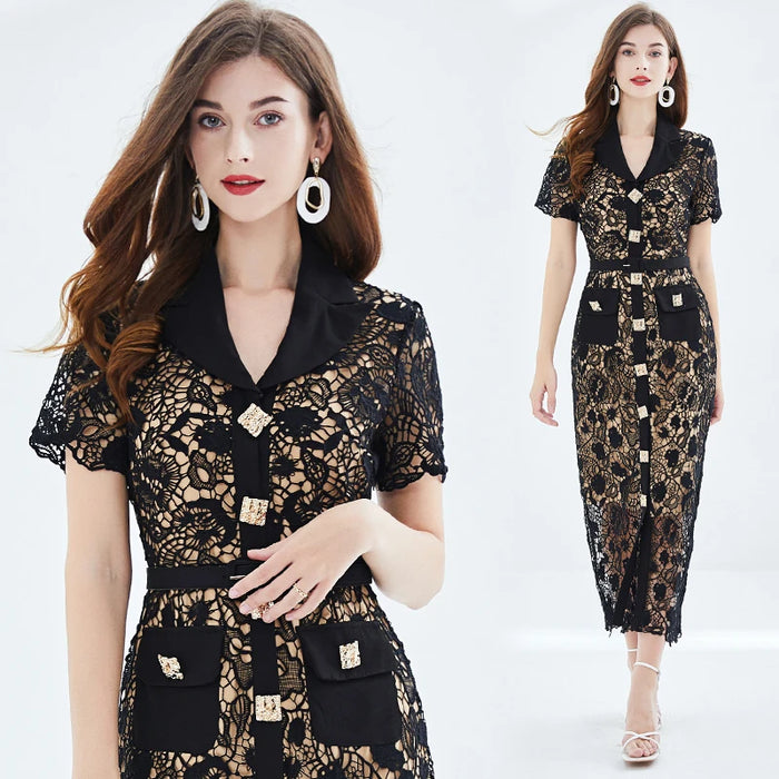Black Water Soluble Lace Embroidery Dress Women's Short Sleeve Golden Buttons Down Hollow Out Belt Maxi