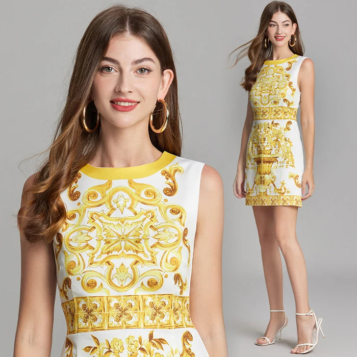 Fashion Runway Summer Short Dress Women's Sleeveless Elegant Blue And White Porcelain Flower Print Holiday Mini Dresses
