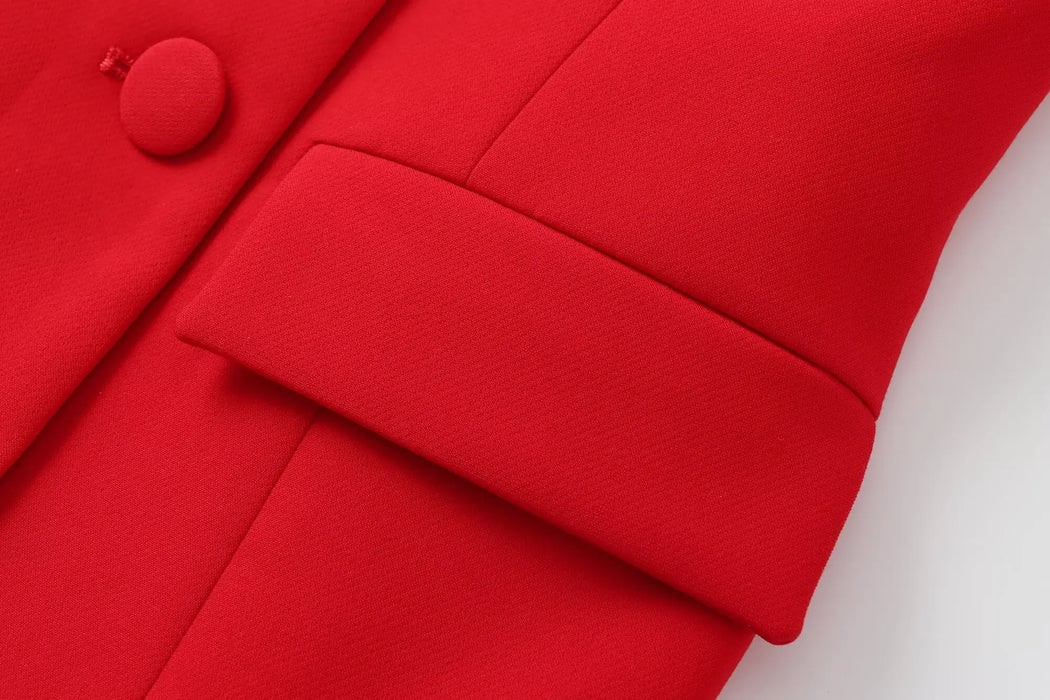 Women Summer Fashion Suits Red Square Neck Sleeveless Pockets Double Breasted Waistcoat Top+Mid-Waist Slit Stralght Pants