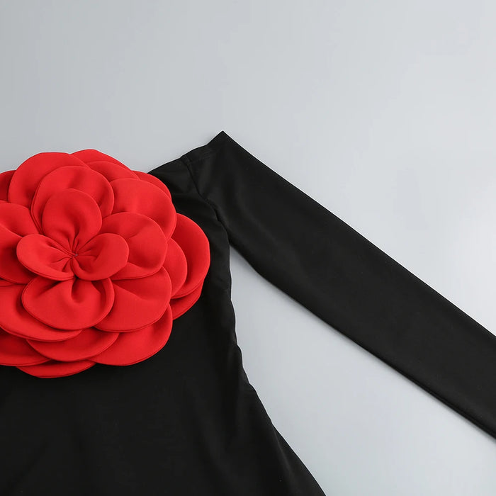 Women's New Sexy Black Decorative Flower Dress Fashion Slim Fit Open Back Bottom Split