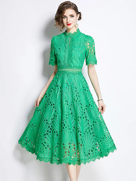Lace Hollow Out Summer Dress Women's Embroidery Elegant Short Sleeve Dresses