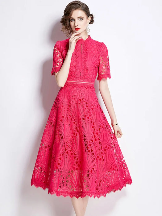 Lace Hollow Out Summer Dress Women's Embroidery Elegant Short Sleeve Dresses