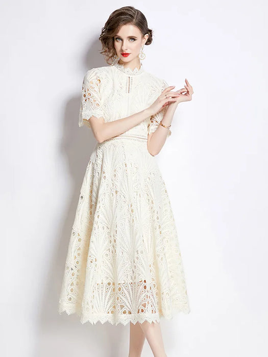 Lace Hollow Out Summer Dress Women's Embroidery Elegant Short Sleeve Dresses