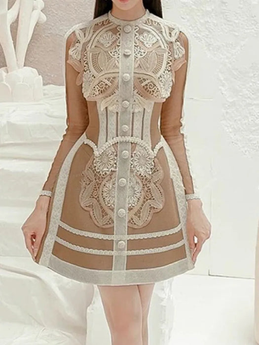 Luxury Vintage Lace Patchwork Dress Women's Mesh Long Sleeve Elegant Dresses