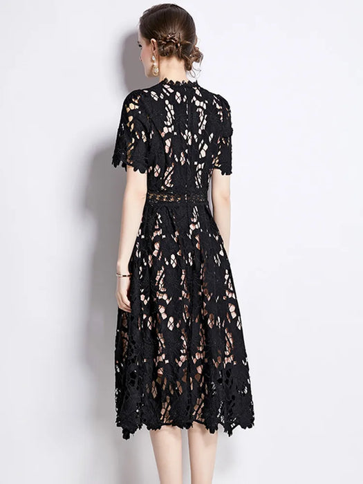 Embroidered Lace Hollow Out Dress Women's O-Neck Short Sleeve Long Dresses