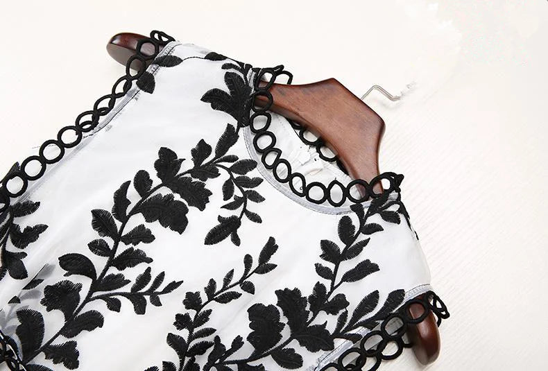 Leaf Embroidery Layered Ruffles Midi Long Dress Women Sleeveless Party Dresses