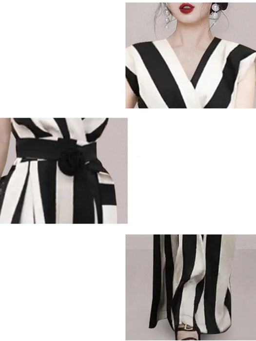 Sexy V-Neck Sleeveless Jumpsuits With Belt Women Slim Stripe Wide Leg Jumpsuit