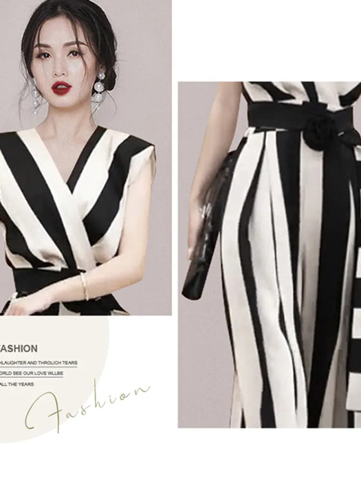 Sexy V-Neck Sleeveless Jumpsuits With Belt Women Slim Stripe Wide Leg Jumpsuit