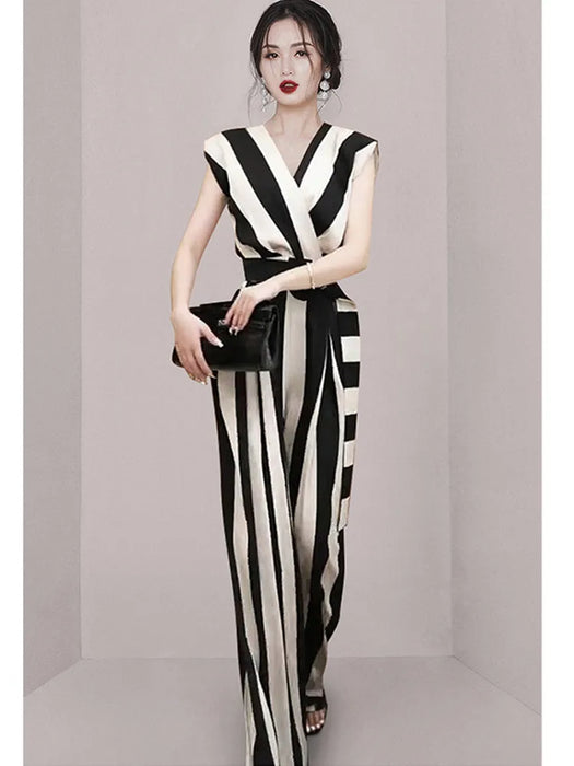 Sexy V-Neck Sleeveless Jumpsuits With Belt Women Slim Stripe Wide Leg Jumpsuit