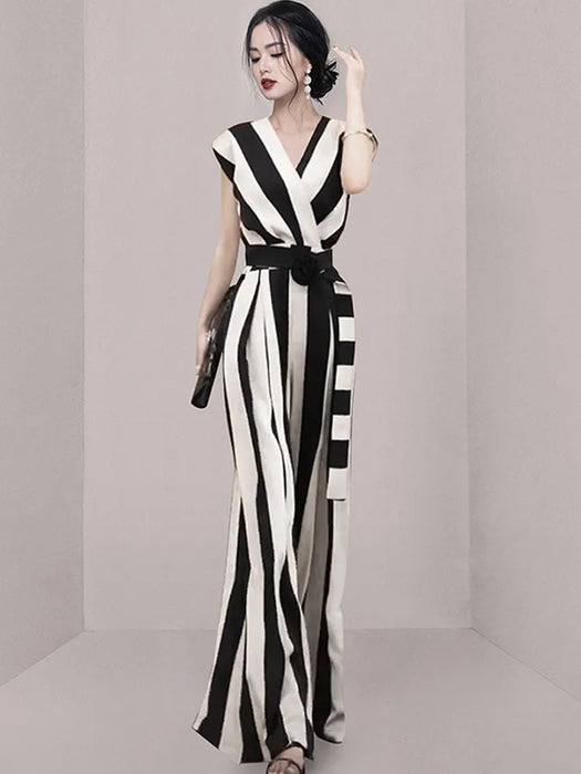 Sexy V-Neck Sleeveless Jumpsuits With Belt Women Slim Stripe Wide Leg Jumpsuit
