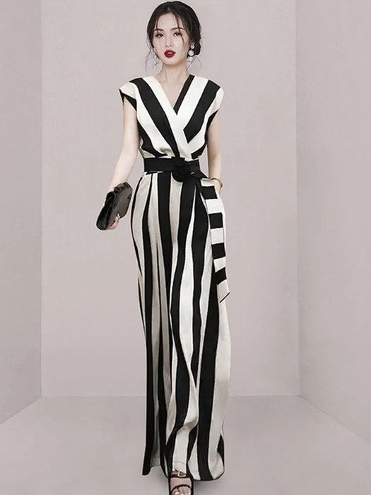 Sexy V-Neck Sleeveless Jumpsuits With Belt Women Slim Stripe Wide Leg Jumpsuit