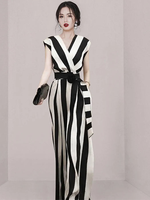 Sexy V-Neck Sleeveless Jumpsuits With Belt Women Slim Stripe Wide Leg Jumpsuit