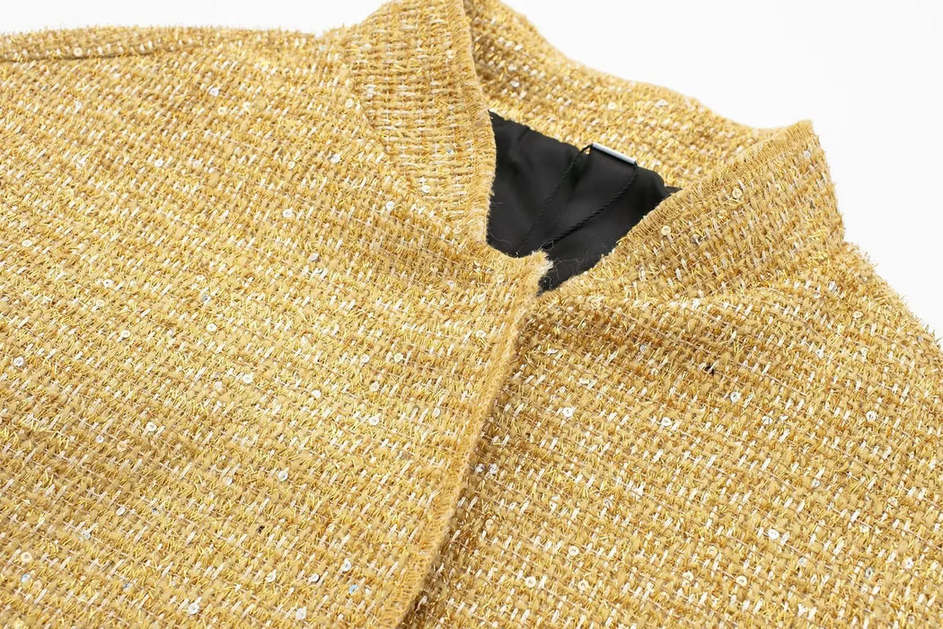 Women Fashion Shiny Sequin Jacket Gold Color Stand Collar Long Sleeve Short Coat Fall Winter Ladies Christmas Outwear