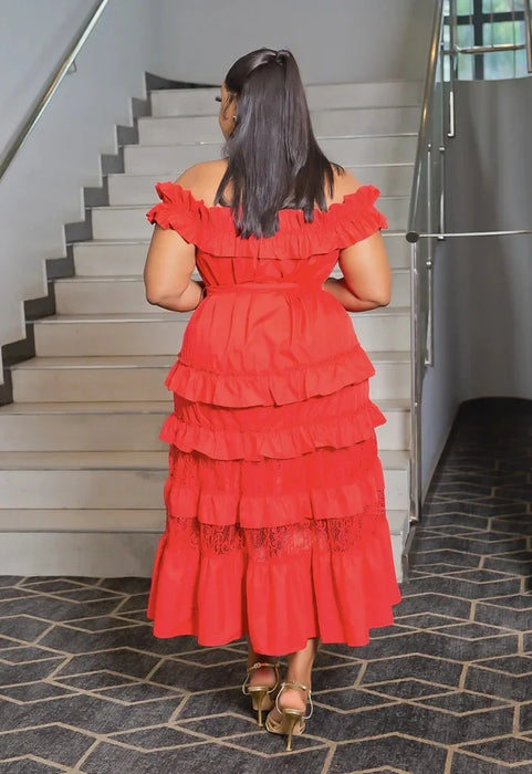 Women Lace Patchwork Short Sleeve Slash Neck Maxi Long Dress Ruffles