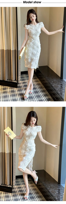 Cocktail Party Knitted Sweet Floral Evening Dress Women Clothes Elegant Sexy Hollow O-Neck Short Sleeve Skinny Midi Party Birthday