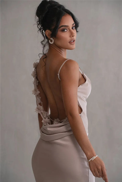 Holiday Party Floral Draped Backless Maxi Long Dress For Women Fashion Spaghetti Strap Sleeveless Bodycon Evening Party Dress Elegant