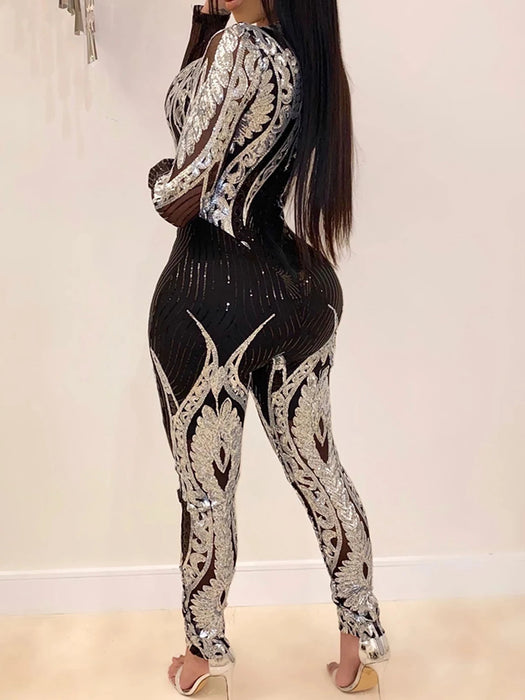 Long sleeve Sequin bodycon jumpsuit women bodysuit party nightclub outfits womens jumpsuits overall