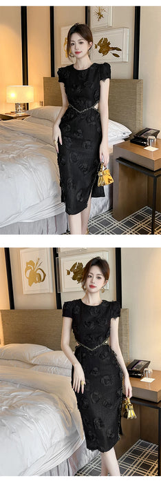 Cocktail Party Knitted Sweet Floral Evening Dress Women Clothes Elegant Sexy Hollow O-Neck Short Sleeve Skinny Midi Party Birthday