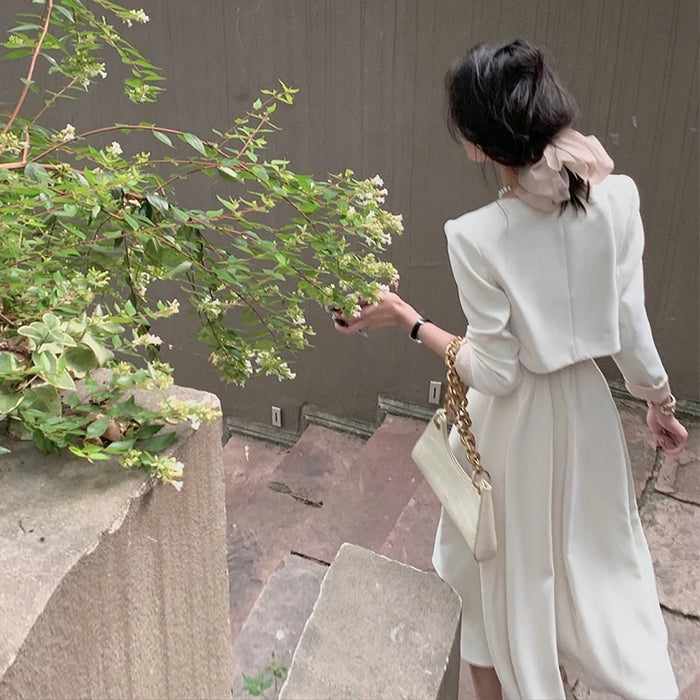 Two Piece Fall Solid Color Dress Woman Ladies Elegant Dress Women White Party Wedding