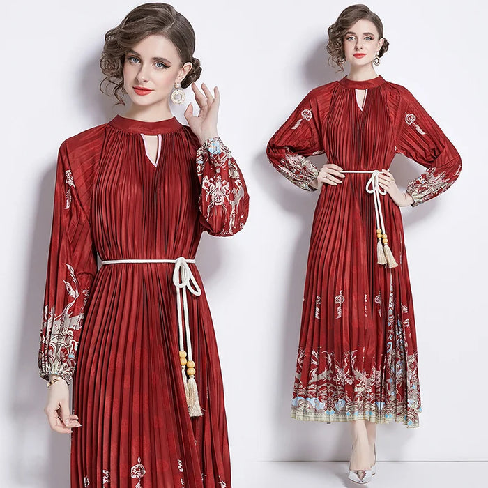 Spring Print Long Dress For Women Fashion Loose Lantern Sleeve Party Female Big Swing Tassels Belt Pleated