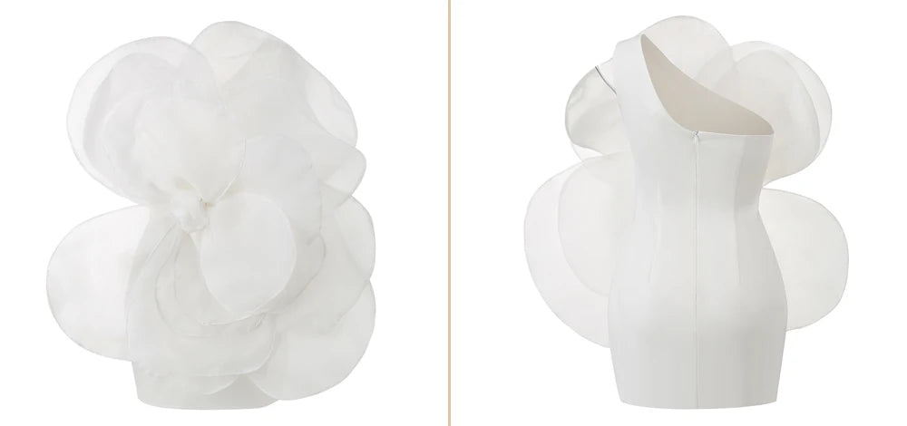 New Style White Oblique Shoulder Decorative Flower Dress Women's Wedding Party One Shoulder dress