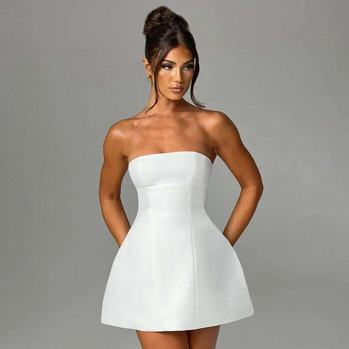 Sleeveless Sexy Strapless Mini Dress Solid Patchwork High Waist Summer Fashion Female Bodycon Vacation Dress
