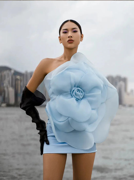 New Style White Oblique Shoulder Decorative Flower Dress Women's Wedding Party One Shoulder dress