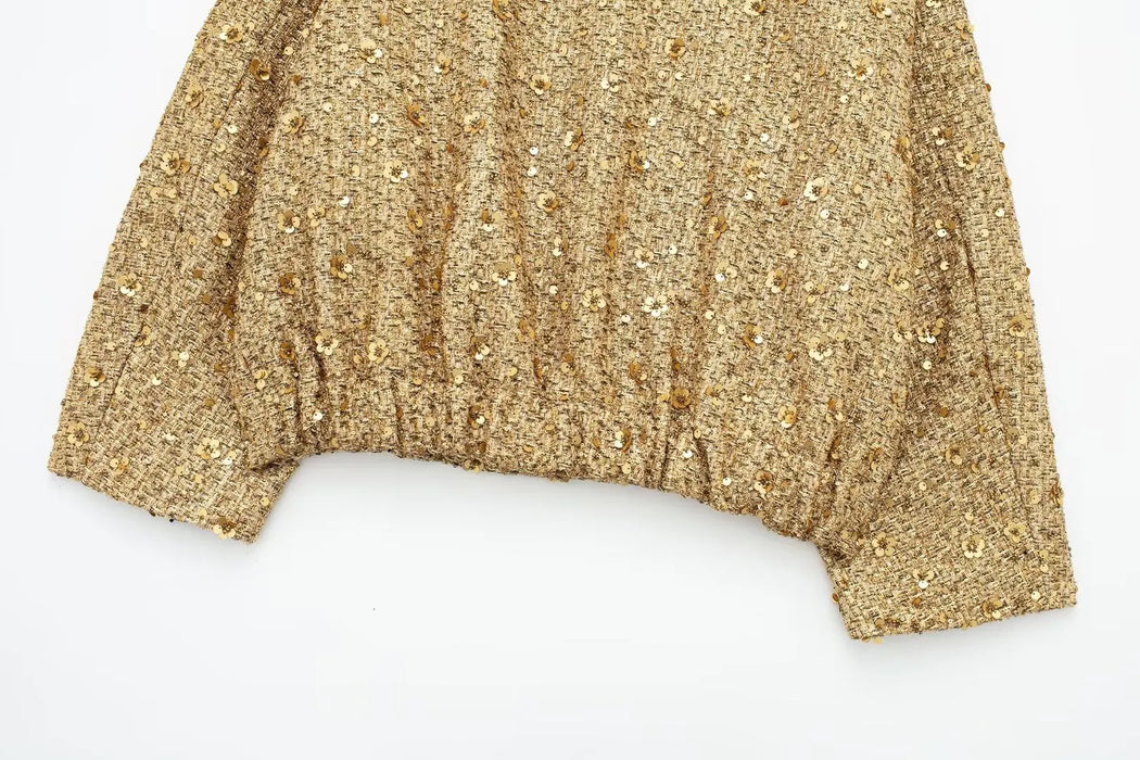 Women Fashion Shiny Sequin Jacket Gold Color Stand Collar Long Sleeve Short Coat Fall Winter Ladies Christmas Outwear