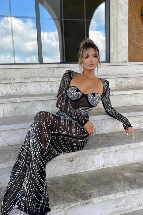 Holiday Party Glitter Mesh See Through Party Maxi Dress For Women Fashion Full Sleeve Bodycon Sexy Club Long Evening Dress