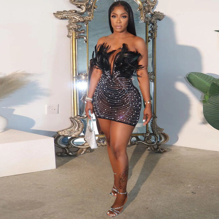 Women Diamonds Hot Rhinestones Feather Mesh Strapless Plunging V-neck Bodycon Midi Dress Sexy Party Evening Dresses