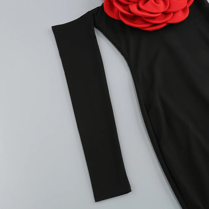 Women's New Sexy Black Decorative Flower Dress Fashion Slim Fit Open Back Bottom Split