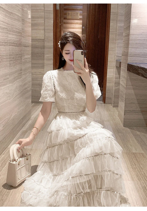 Summer Fairy Princess Mesh Sequined Embroidery Cascading Ruffles Layer Cake Dress Women Clothing Evening