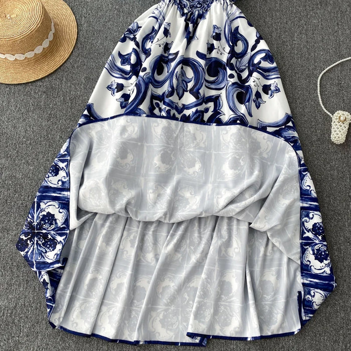 Maxi Dress Women's Spaghetti Strap V Neck Backless Blue And White Porcelain Print Vacation Long Vestido