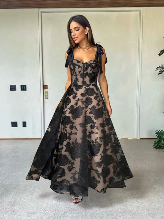 Sexy Lace Jacquard See Through Women Dress Sleeveless Tie Up Backless Lace Long Dress Summer Party Ladies Dress